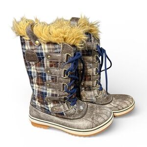 SOREL Joan of Arctic Plaid Faux Fur Winter Waterproof Insulated Snow Boots Sz 7